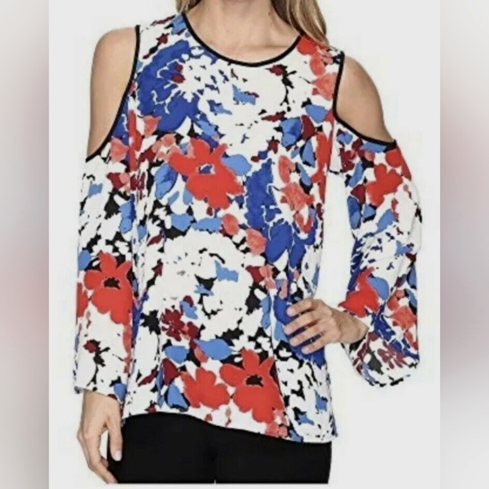 NWT Vince Camuto Cold Shoulder Abstract Floral Top S Firm Price*